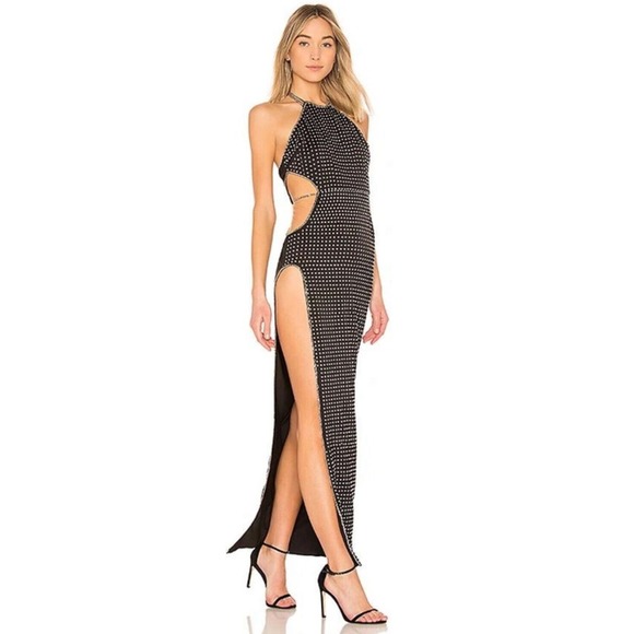 NBD Revolve Do Not Disturb Gown Dress In Black Studded Cut Out‎ Slit NWT Sz XXS - Picture 1 of 8